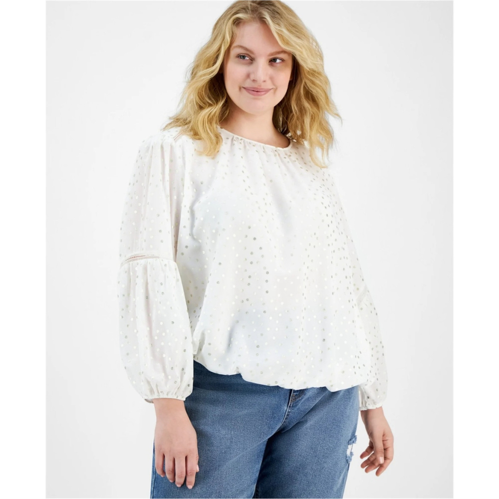 Tommy Hilfiger Plus Size 1x White W/ Gold Metallic-Dot Bloused Peasant Top Nwt